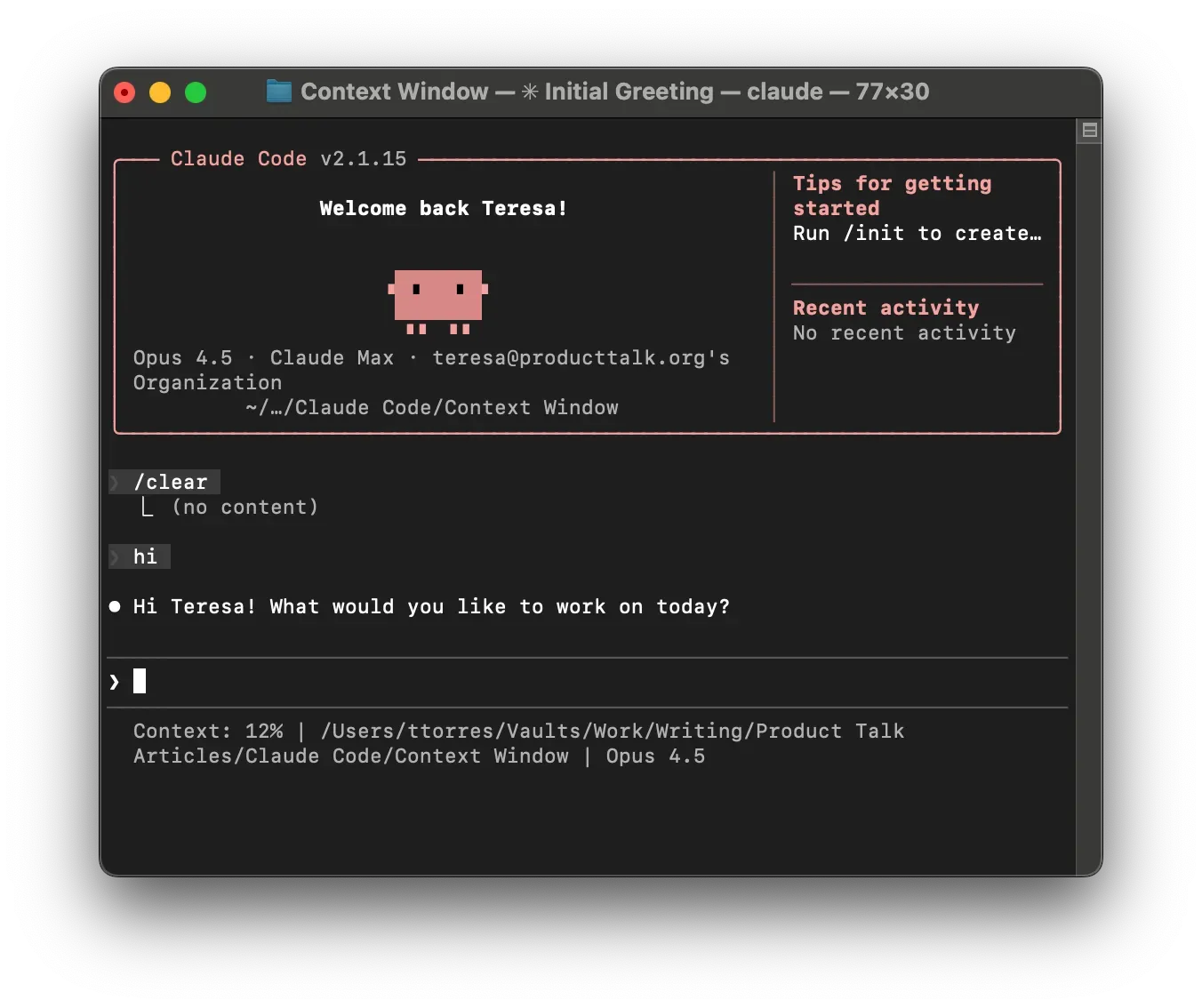 A screenshot of Claude Code with the status line set to show the context window percentage.