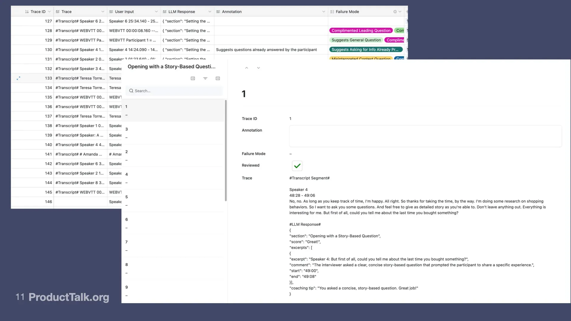 Slide showing a software interface with a table of transcript entries on the left and a detailed trace record on the right. The right-hand panel displays transcript text, system prompts, and feedback with labels such as “Score: Keep Practicing.” The layout illustrates how traces capture structured data from interview transcripts.