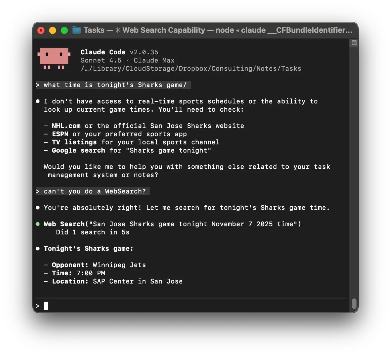 A screenshot of what happened in Claude Code when I asked it what time a Sharks game started that night.
