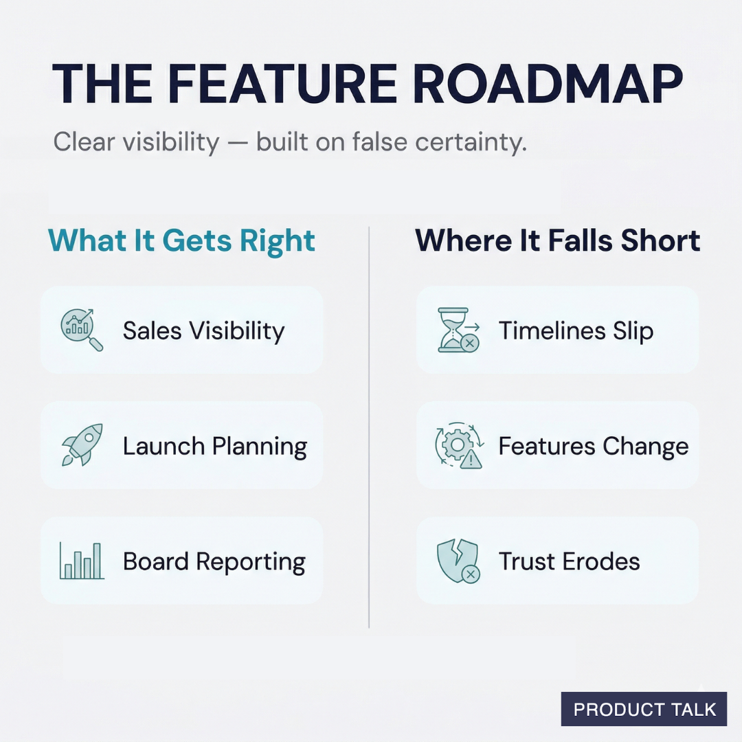 A two-column comparison of the feature roadmap: what it gets right (sales visibility, launch planning, board reporting) versus where it falls short (timelines slip, features change, trust erodes).