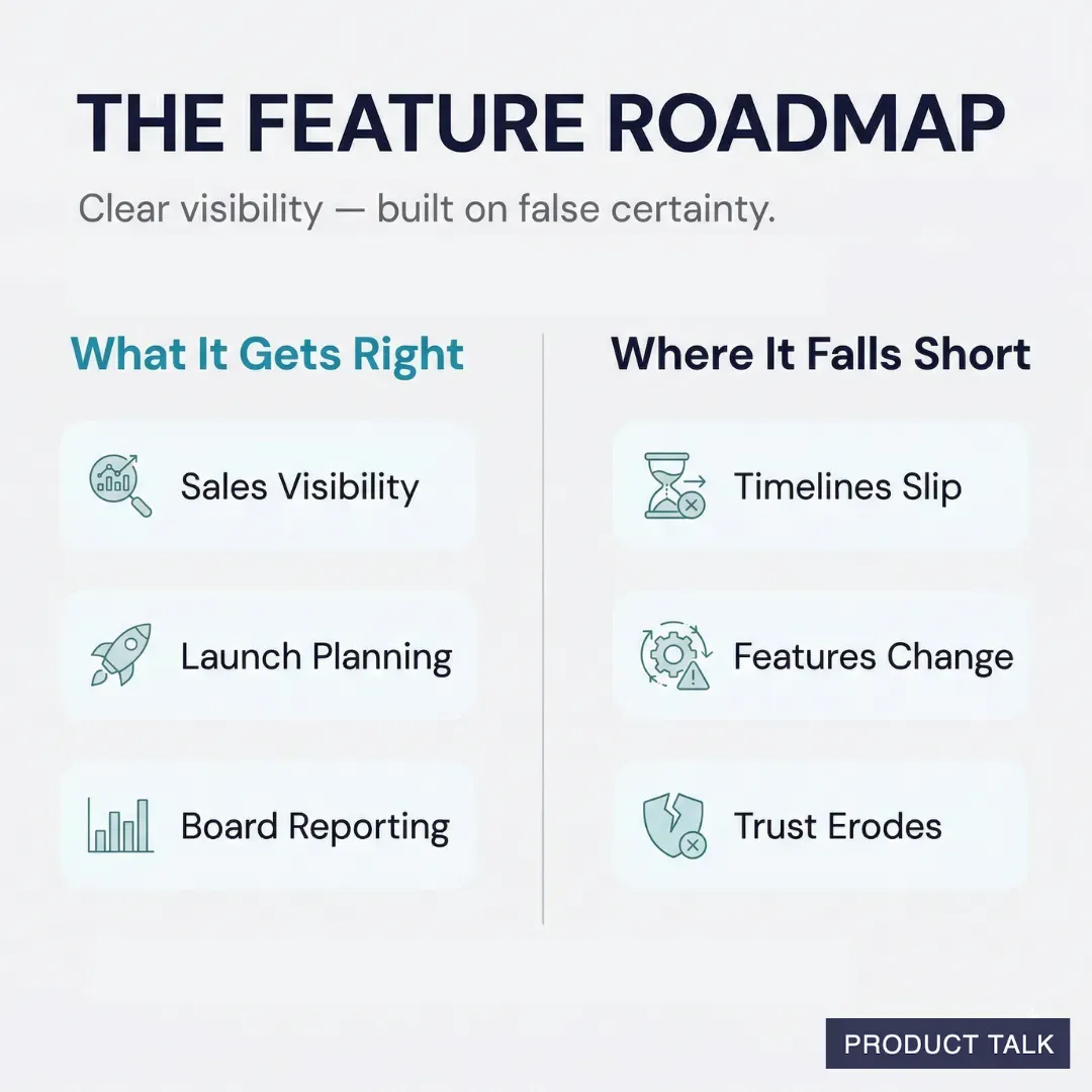 A two-column comparison of the feature roadmap: what it gets right (sales visibility, launch planning, board reporting) versus where it falls short (timelines slip, features change, trust erodes).