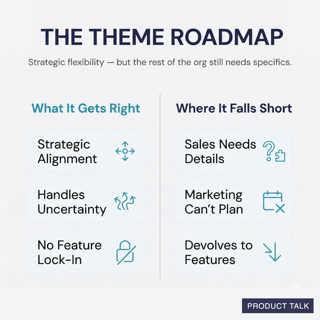 A two-column comparison of the theme roadmap: what it gets right (strategic alignment, handles uncertainty, no feature lock-in) versus where it falls short (sales needs details, marketing can't plan, devolves to features).