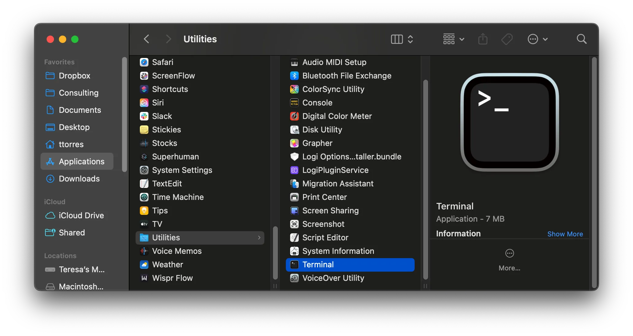 A screenshot of a Finder window showing where the Terminal lives on a Mac.