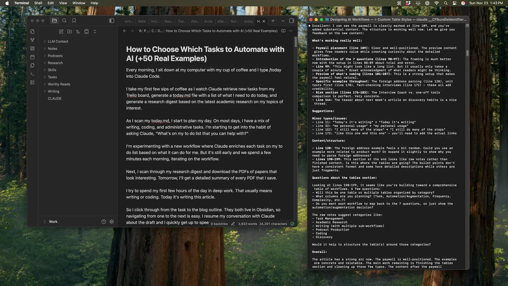 A screenshot with Obsidian and Claude in a Terminal window. 