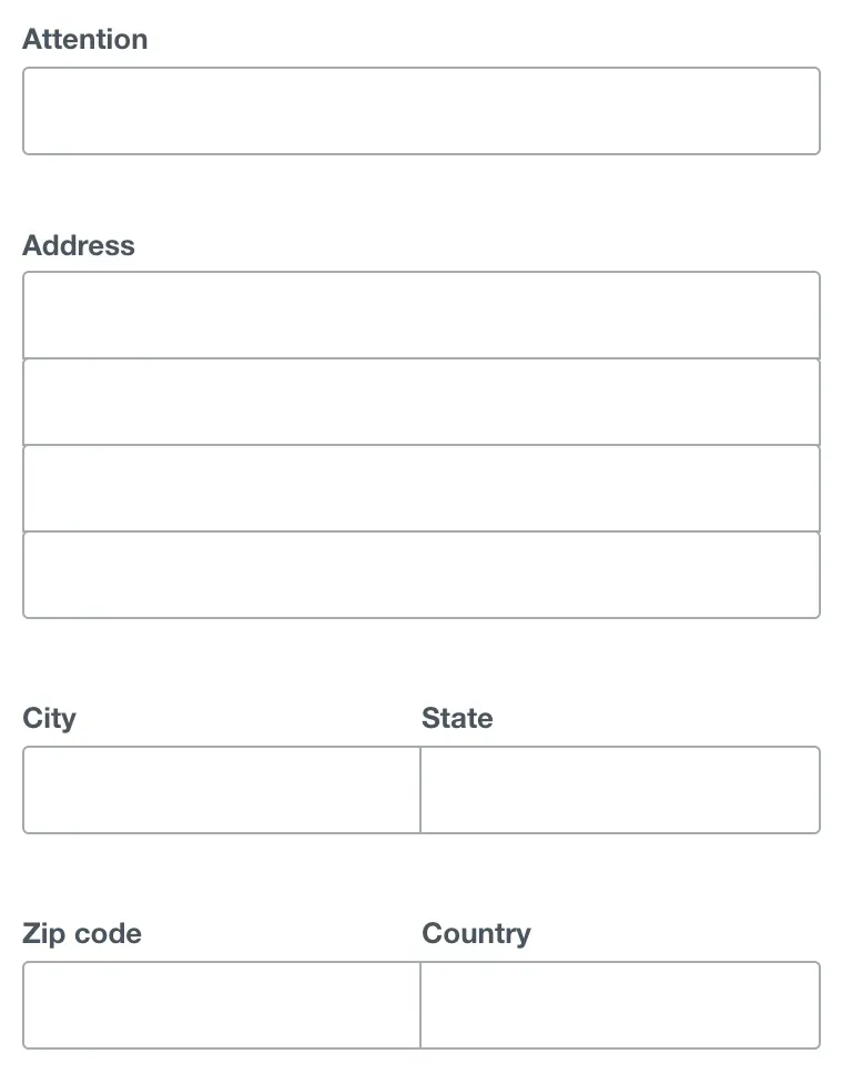 Blank address form with fields for attention, address, city, state, zip code, and country.