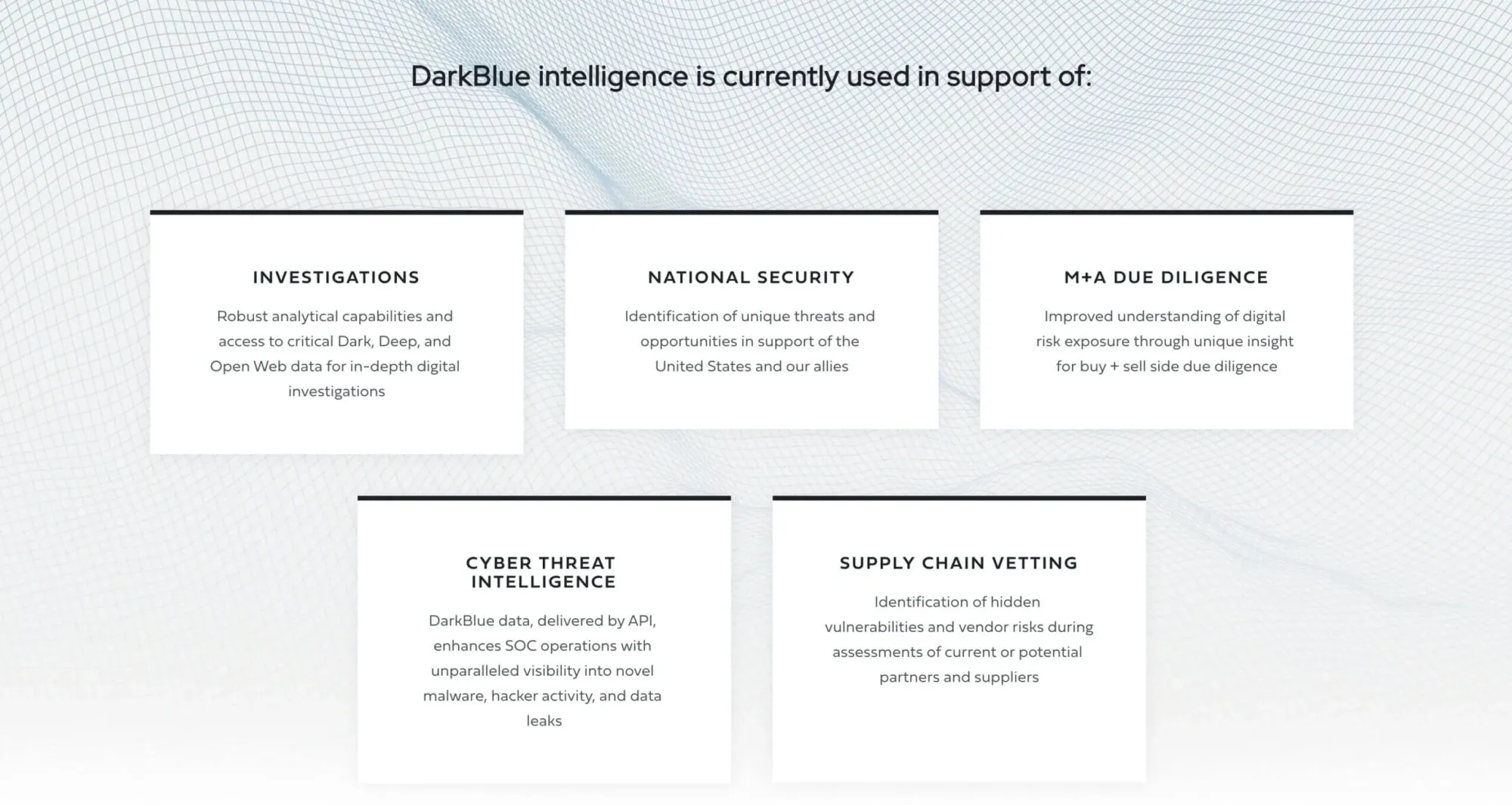 A screenshot of the DarkBlue website outlining some of the product's main use cases.
