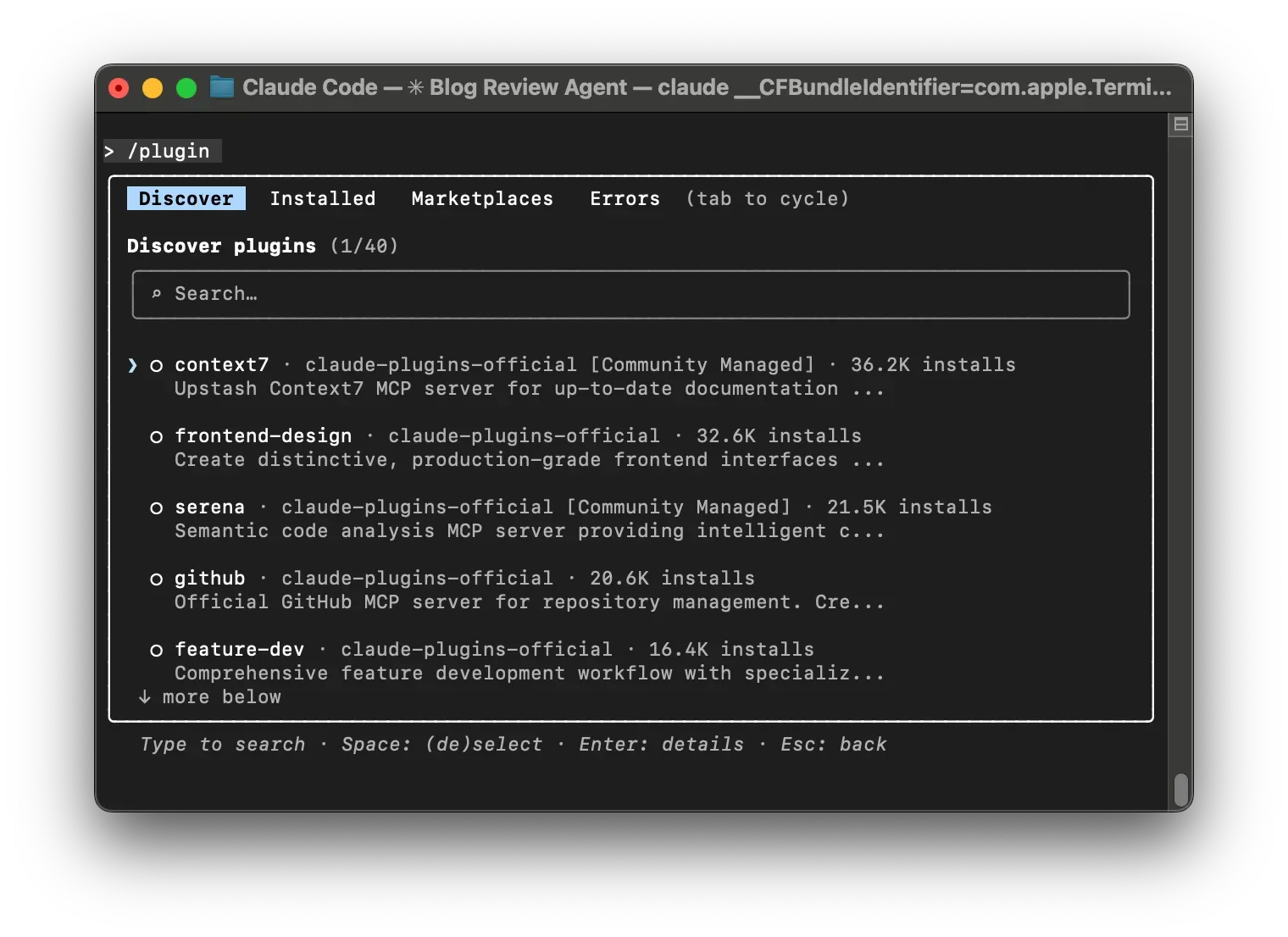 A screenshot of the Discover screen showing several available plug-ins from Anthropic.