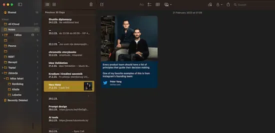 A screenshot of Apple Notes since a collection of short notes and a link to a tweet.