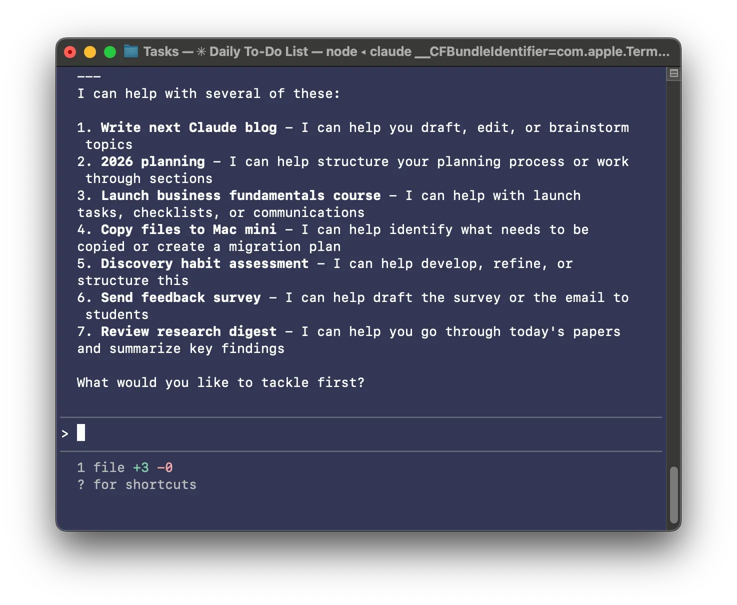 A screenshot of how Claude replies with a list of tasks when I ask it, "What's on my to-do list that you can help with?" 