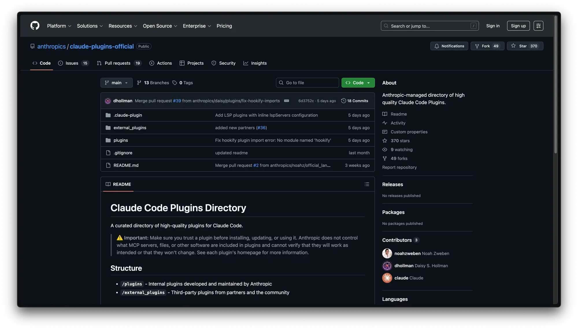 A screenshot of a public repository on GitHub for the official Claude Code plug-ins.