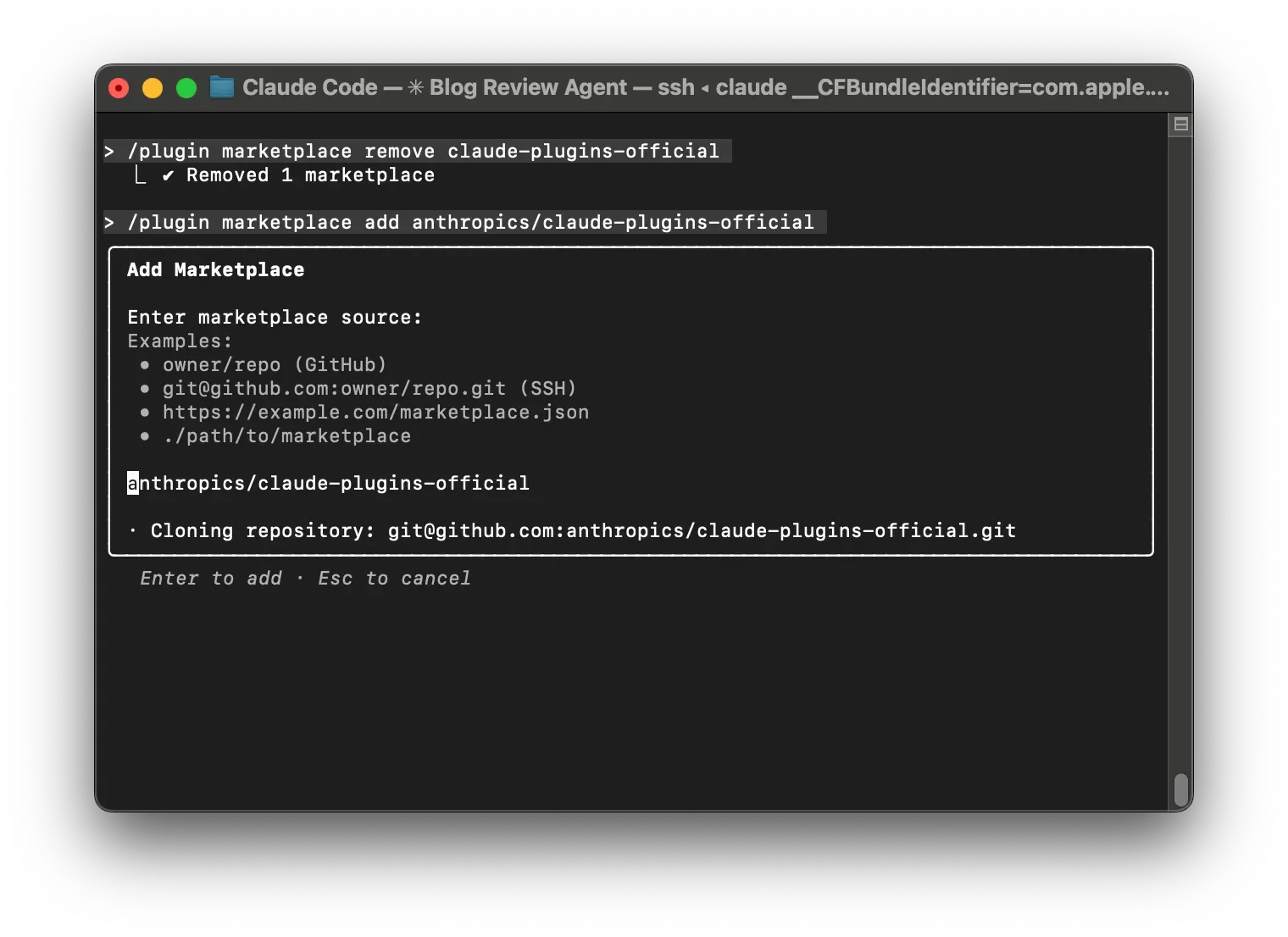A screenshot of the "Add Marketplace" flow in Claude Code.