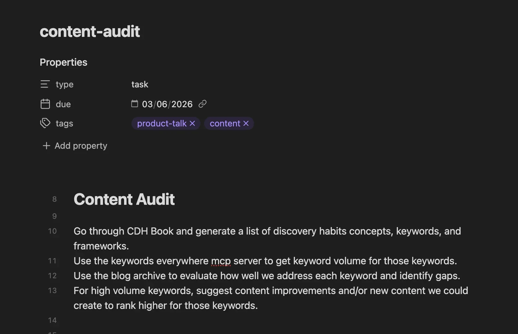 A screenshot of the task I created for my content audit.