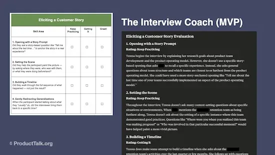 Worksheet and coaching notes assessing skills in eliciting customer stories, including prompts, setting context, timelines, and redirecting generalizations.