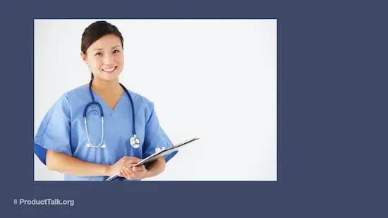  A photograph of a smiling woman dressed in a doctor's scrubs. She is wearing a stethoscope and carrying a clipboard.