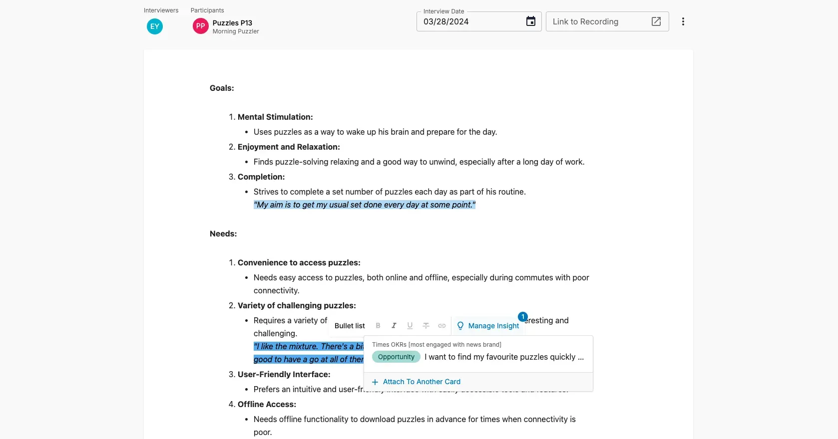 A screenshot showing a few notes from a customer interview. Some of the text is highlighted and indicates that it will be sent to a specific opportunity on the opportunity solution tree.