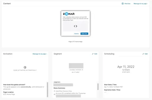 A screenshot of the Pendo interface, showing what the pop-up would look like. There are boxes labeled "Activation," "Segment," and "Scheduling." Each box has "Edit" written in blue text in the top right corner.