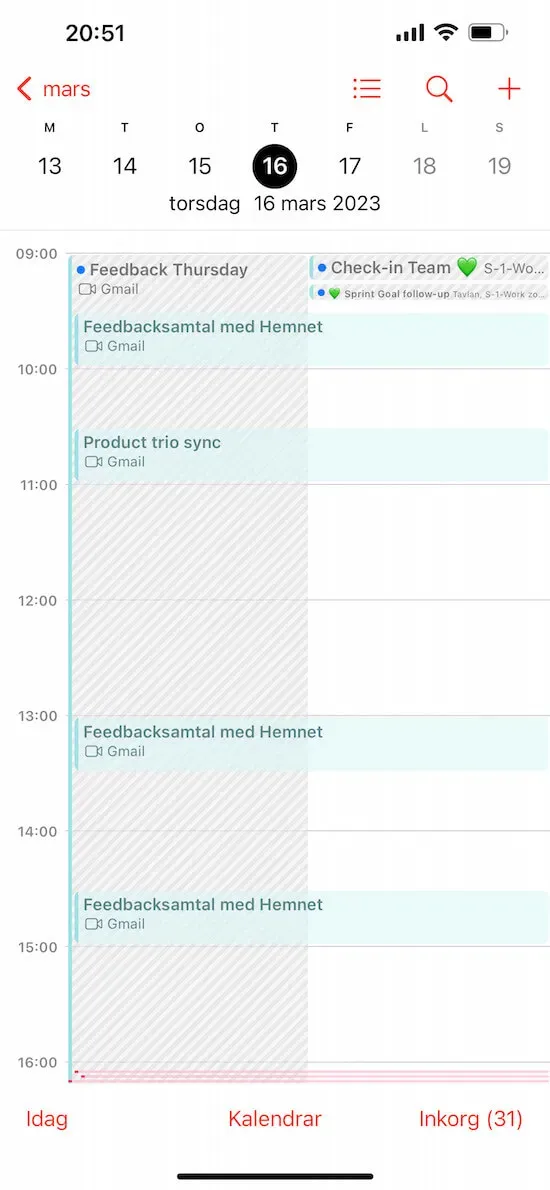 A screenshot of a calendar day labeled "Feedback Thursday." There are several blocks of time scheduled for getting feedback from customers.