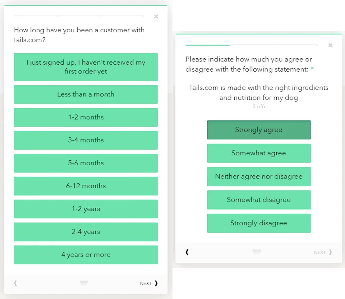 A screen shot of a survey tails.com customers will receive. It asks how long they've been a customer and how much they agree with the statement "tails.com is made with the right ingredients and nutrition for my dog."