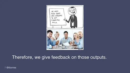 A comic showing a man standing in front of a whiteboard with the text "We must feed cows with chocolate to get chocolate milk." Below him, a group of seated people are smiling awkwardly with the caption "Please somebody kill us."