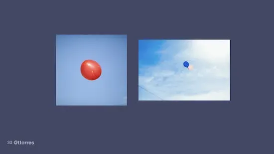 Photographs of red and blue balloons