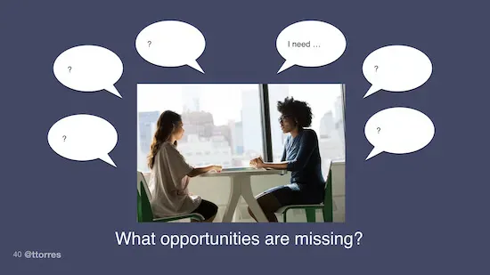Two people sitting at a table. One person has a thought bubble above their head that reads, "I need..." Many other thought bubbles with question marks in the surround both people. The caption below says, "What opportunities are missing?"