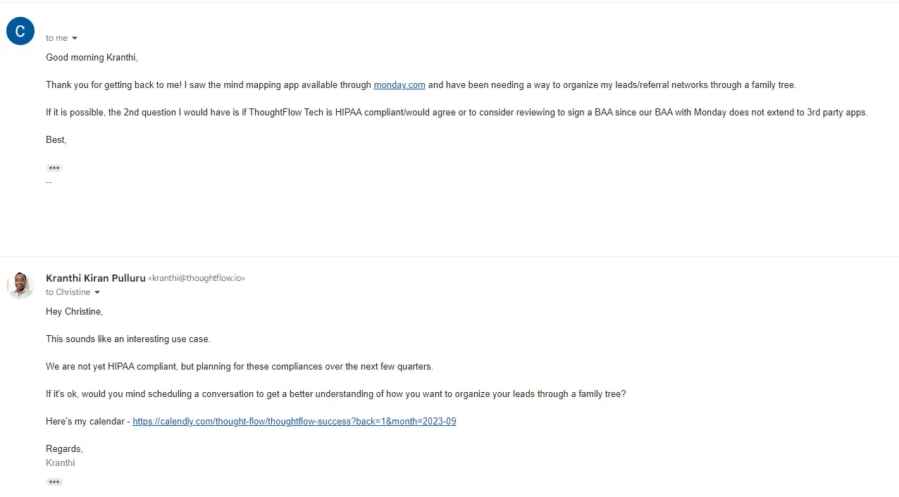 A screenshot of an email exchange where a user submitted a request and Kranthi asked to schedule a conversation for a research interview.