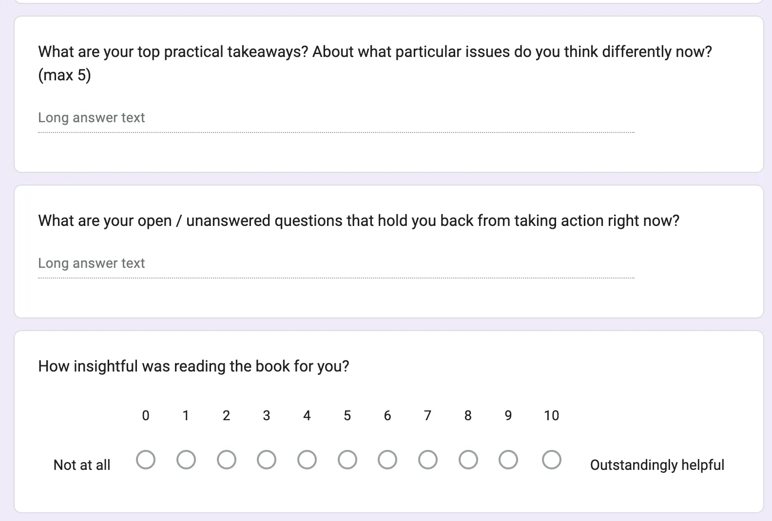 A screenshot of a Google Form with several open-ended questions about the content from Continuous Discovery Habits.