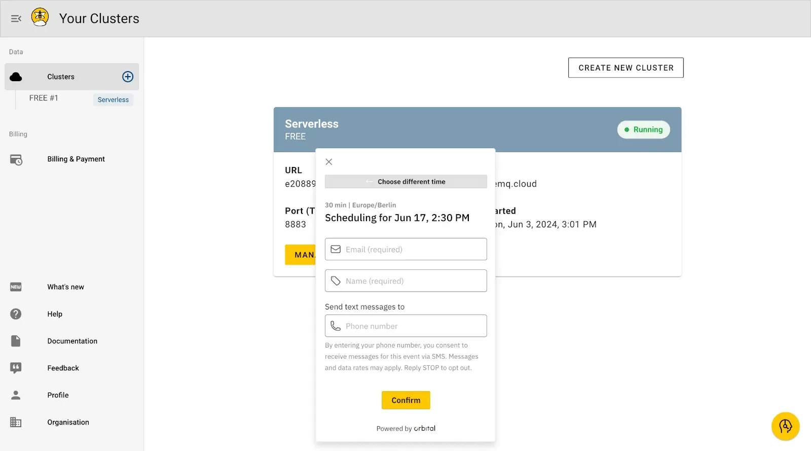 A screenshot from Orbital showing boxes where the user inputs their email address, name, and phone number. These fields are followed by a button with the text "Confirm" on it.