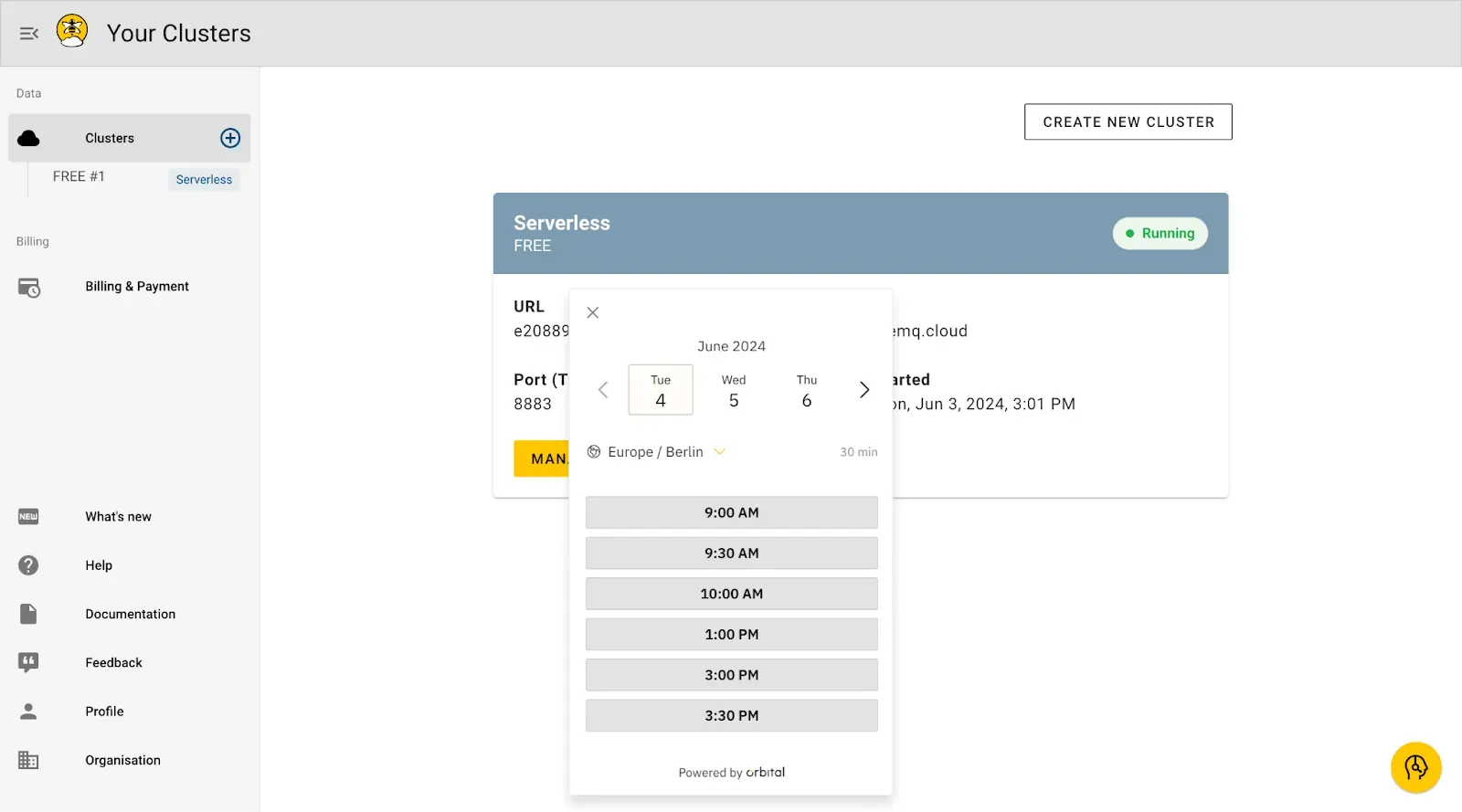 A screenshot from Orbital that shows a calendar with time slots that customers can select to schedule an interview.
