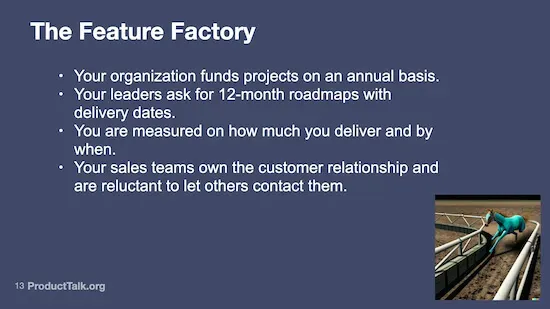 A small image of a horse running around a track labeled "The Feature Factory" along with a list of common feature factory scenarios.