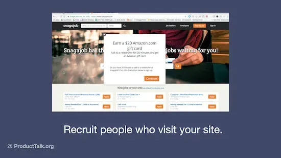 A screenshot of a website with a pop-up message asking someone to participate in an interview. The caption says, "Recruit people who visit your site."