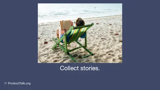 A photograph of a person reading a book on a beach. The caption says, "Collect stories."