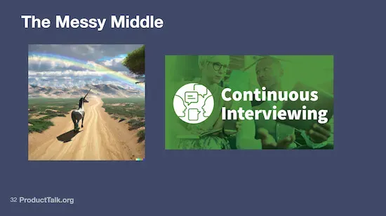 An image of a unicorn walking towards a rainbow next to an image of two people talking that's labeled "Continuous Interviewing."