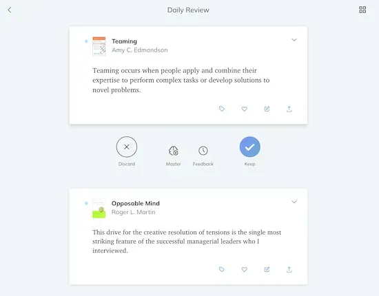 A screenshot of the Readwise tool showing quotes from books along with their titles and authors.