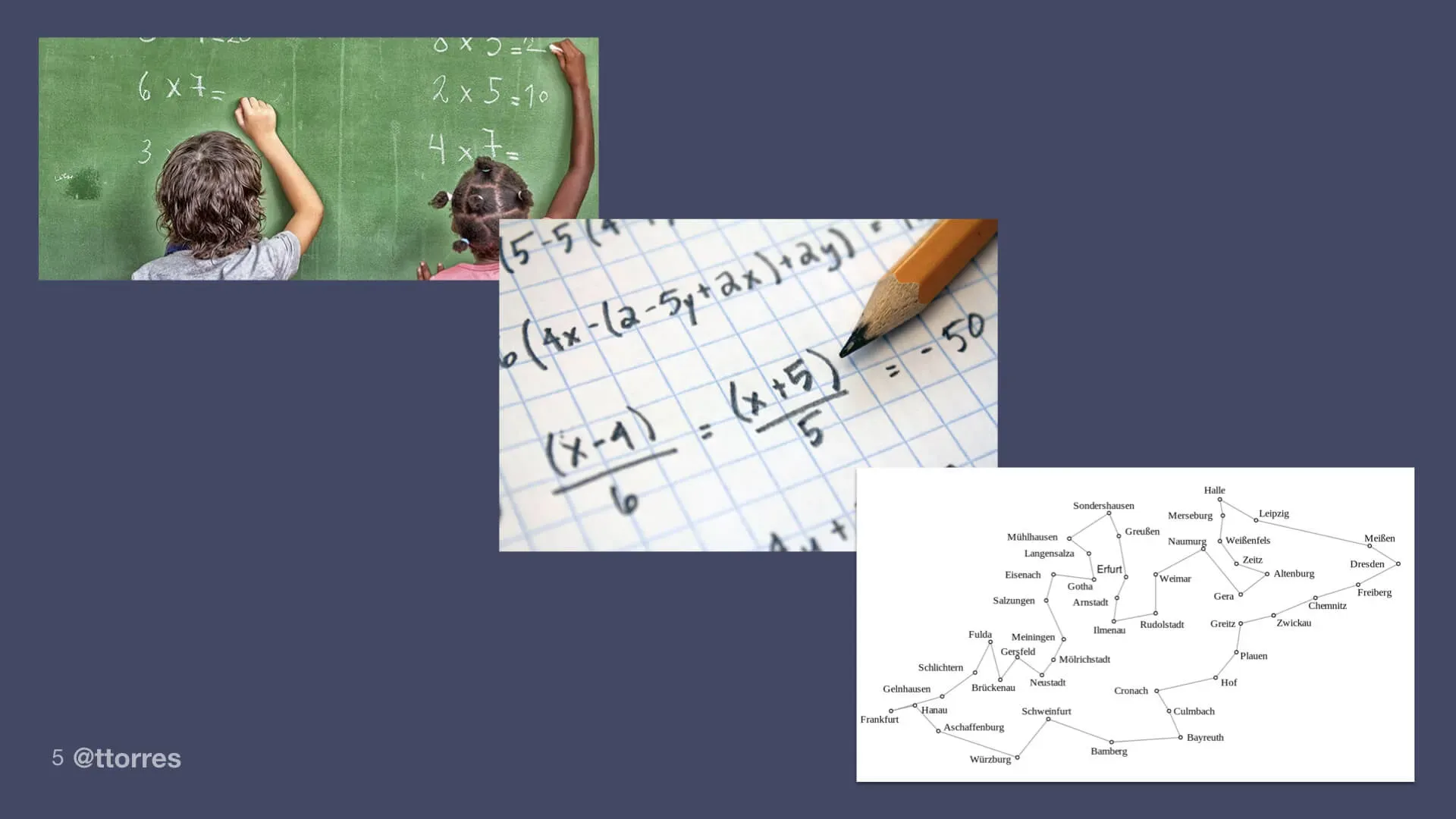 Children doing multiplication on a chalkboard, a handwritten algebra equation, and a Computer Science problem.