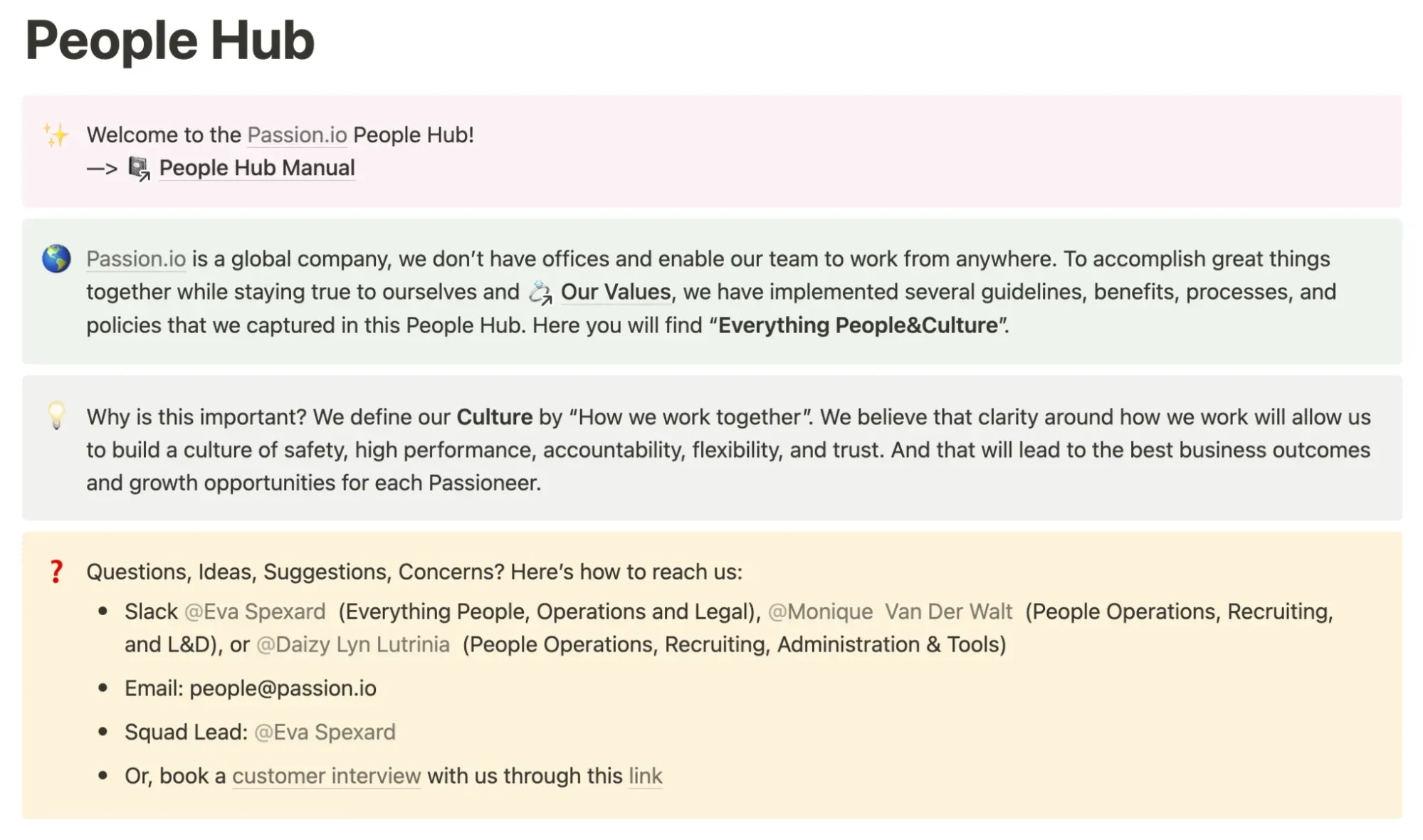 A screenshot of a Notion document that includes several ways to get in touch with the People team at Passion.io.