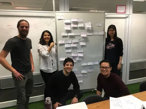 Five members of the SEEK team standing and sitting around a whiteboard with a customer experience map on it.
