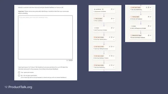 Slide showing a transcript upload form with permission options on the left and an automated feedback workflow using Zapier on the right. The workflow includes steps for parsing the transcript, evaluating interview skills, formatting LLM feedback, and sending the results back to the user.
