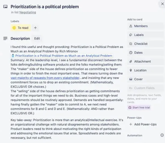 A screenshot of a Trello card labeled "Prioritization is a political problem." It contains a link to an article along with an introduction and key takeaway written by Christian.