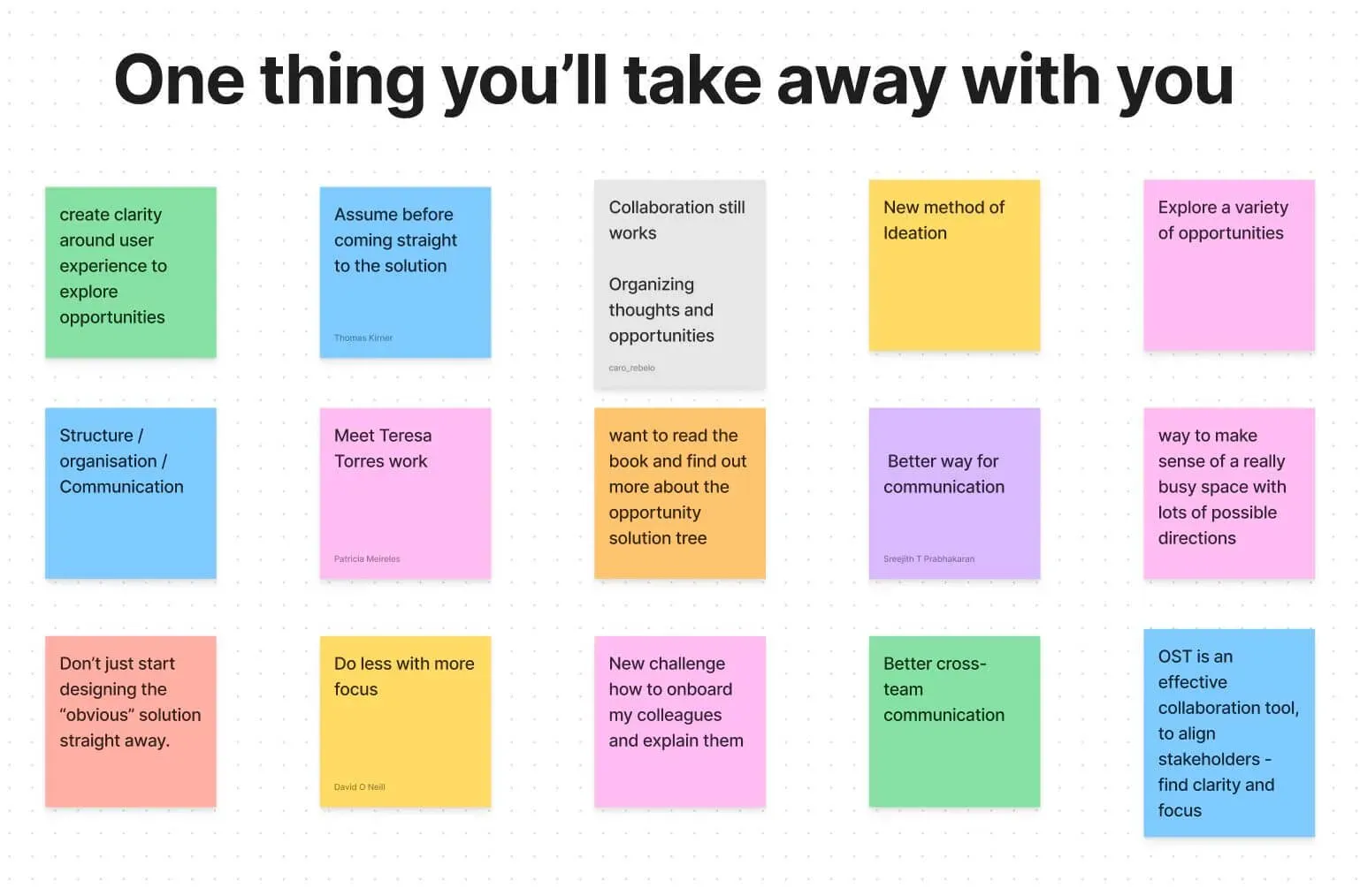 A screenshot of a board with different colored sticky notes outlining participants' main takeaways from the workshop.
