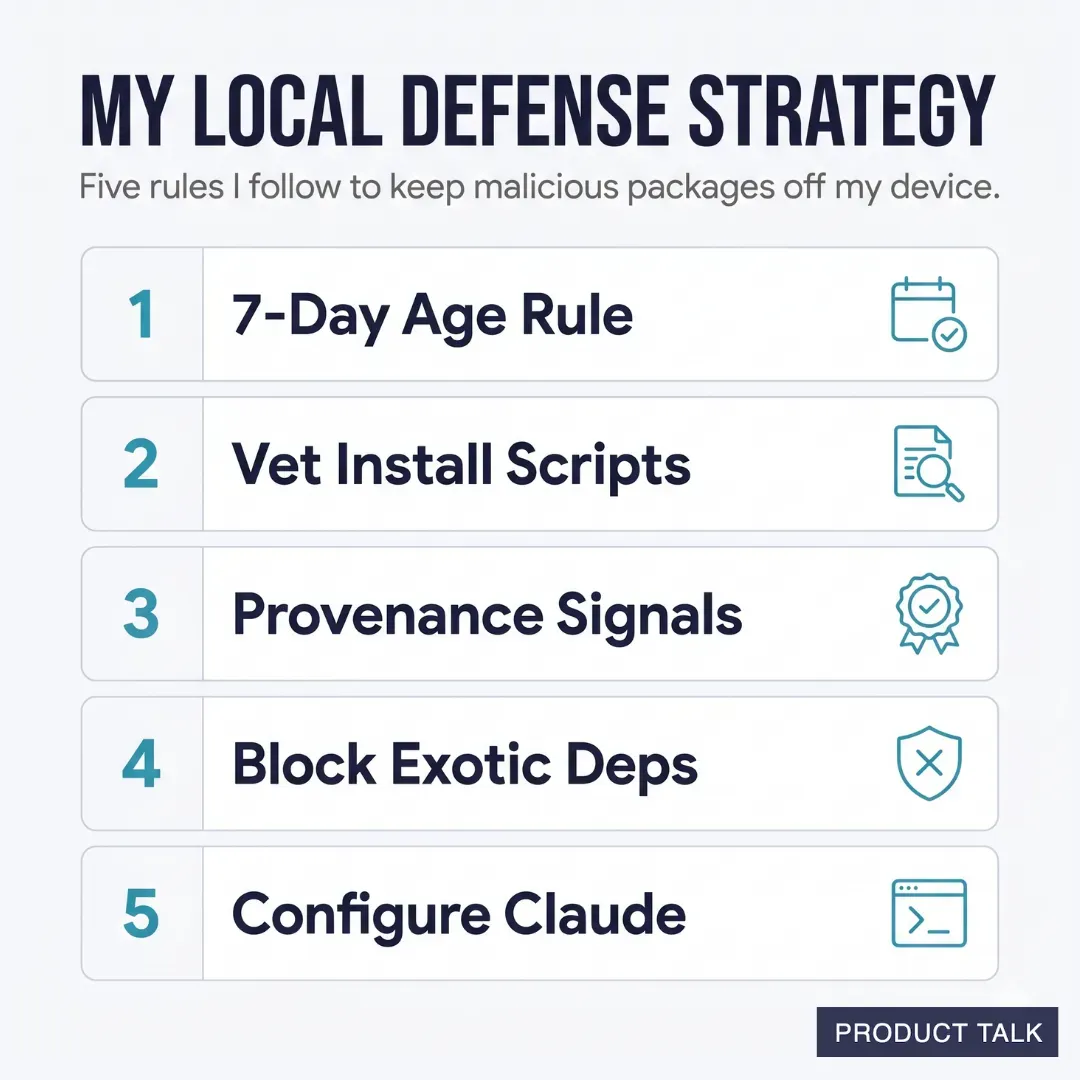 List of five local defense rules against malicious packages: 7-Day Age Rule, Vet Install Scripts, Provenance Signals, Block Exotic Deps, and Configure Claude.
