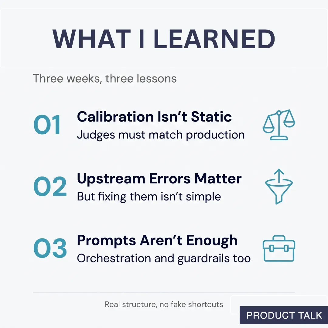 Three lessons: calibration isn't static, upstream errors matter, and prompts aren't enough—orchestration and guardrails are needed, too.