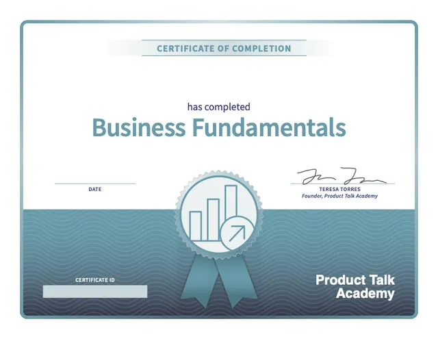 Business Fundamentals certificate of completion from Product Talk Academy