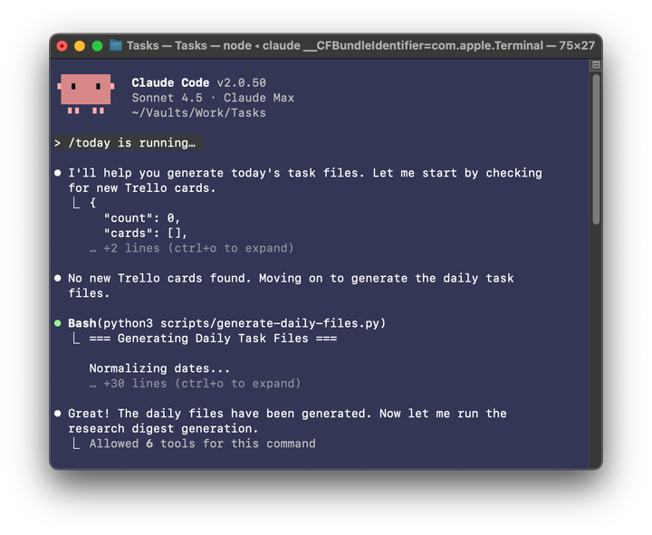 A screenshot that shows my today slash command retrieveing cards from Trello, generating my to do list for the day, and generating my research digest.