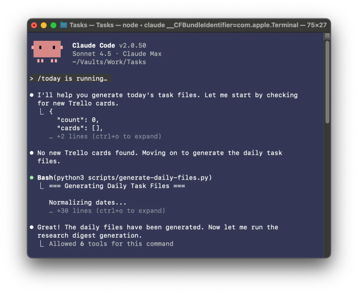 A screenshot that shows my today slash command retrieveing cards from Trello, generating my to do list for the day, and generating my research digest.