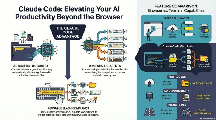 The Claude Code Advantage: Automatic file context, parallel agents, reusable commands, and much more.