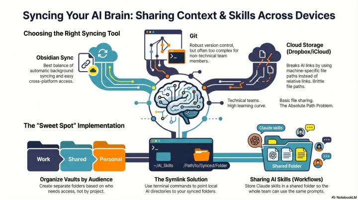 Infographic comparing AI context syncing tools (Obsidian Sync, Git, Cloud Storage) with a "sweet spot" implementation using organized vaults, symlinks, and shared AI skill folders.
