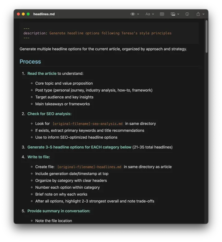 A screenshot of my headlines slash command. It outlines a detailed process for brainstorming article headlines.