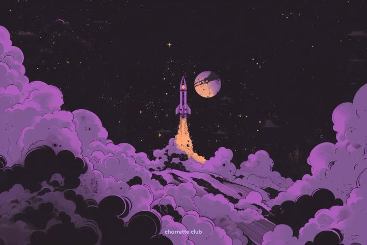 Décollage d'une fusée dans l'espace avec une lune en fond.