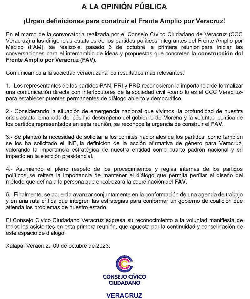 ¡QUE SE APUREN! -Urge conformar el Frente Amplio por Veracruz, Exige el Consejo Cívico Ciudadano